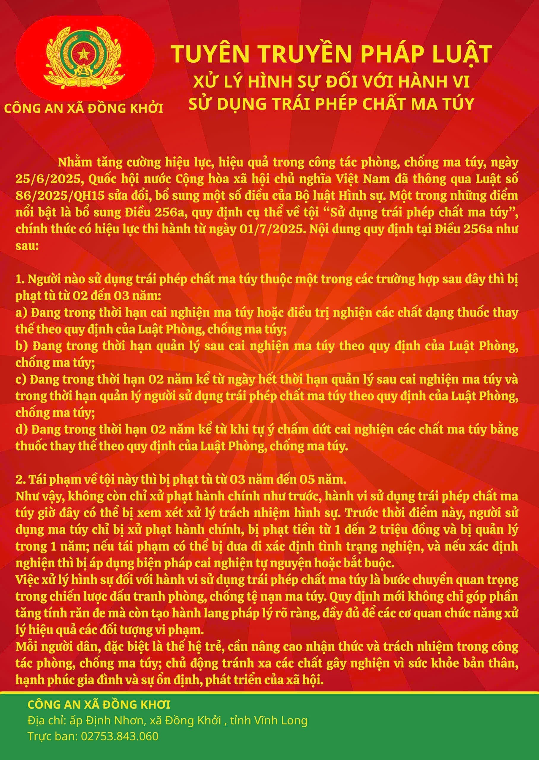 Công an xã Đồng Khởi: Tuyên truyền Pháp luật về phòng chống Ma túy